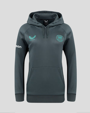 Front view of dark teal Bath Rugby hoodie with turquoise crest on the left chest and Castore logo on the right chest