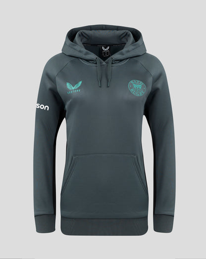 Front view of dark teal Bath Rugby hoodie with turquoise crest on the left chest and Castore logo on the right chest