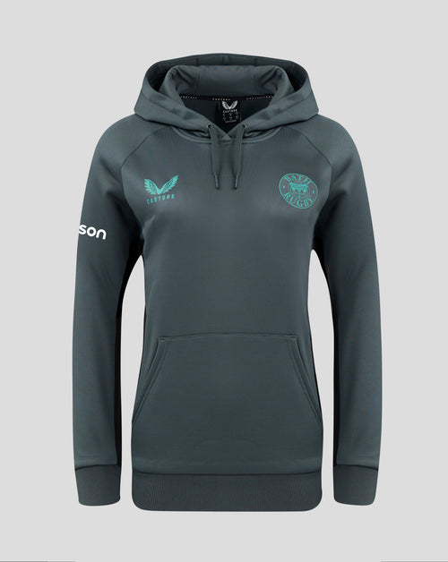 Front view of dark teal Bath Rugby hoodie with turquoise crest on the left chest and Castore logo on the right chest