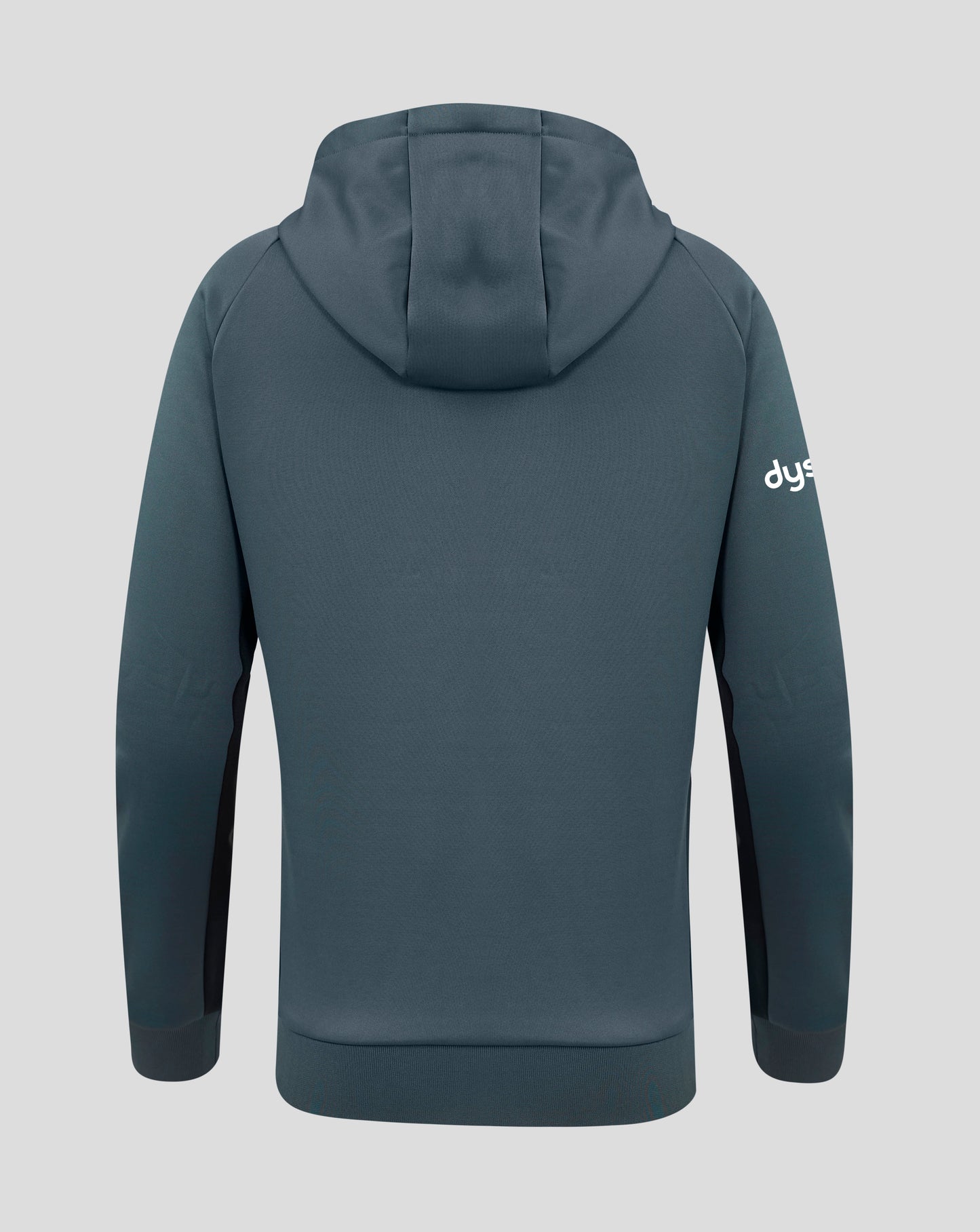 Back view of the dark teal hoodie with hood up and minimal rear details