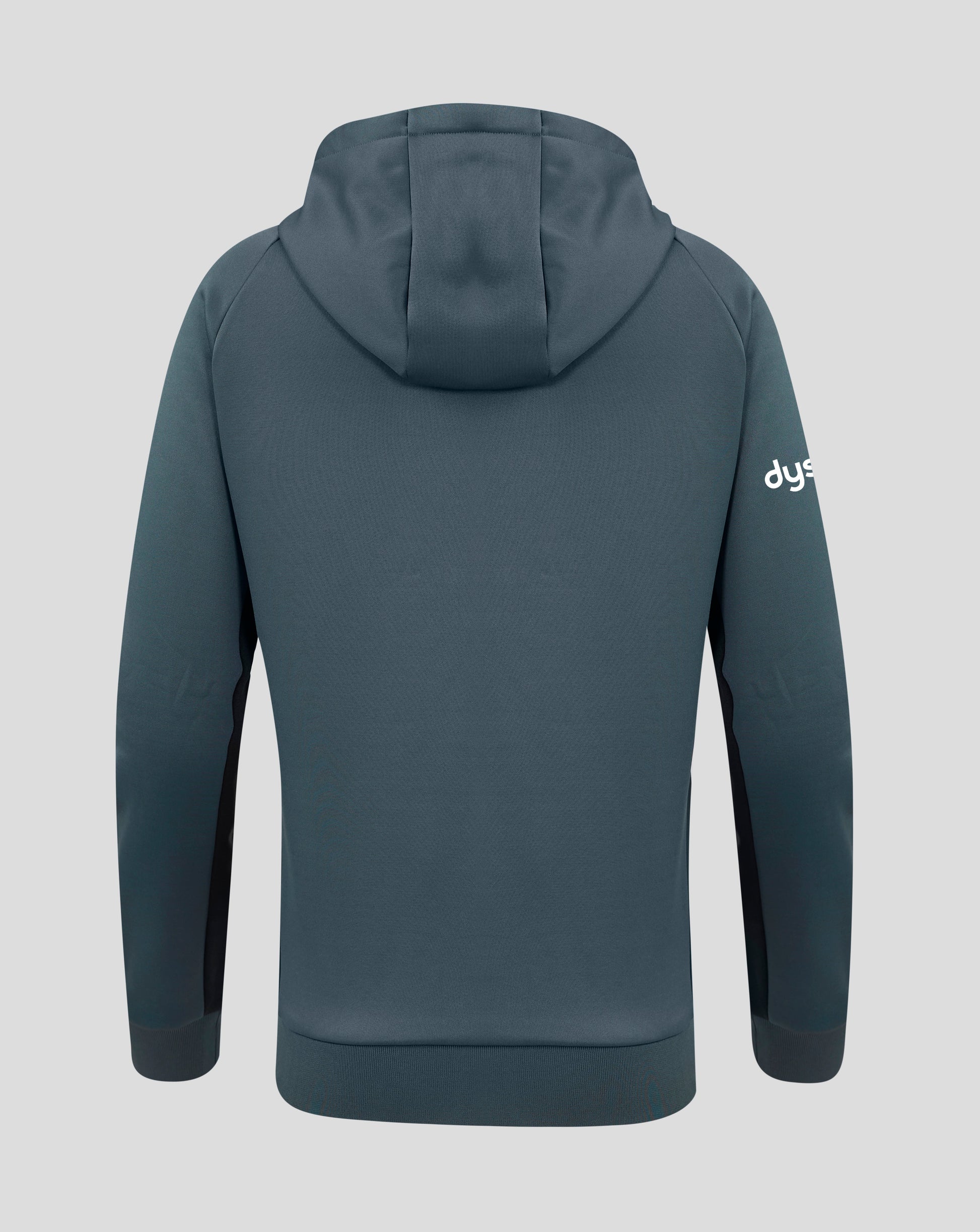 Back view of the dark teal hoodie with hood up and minimal rear details