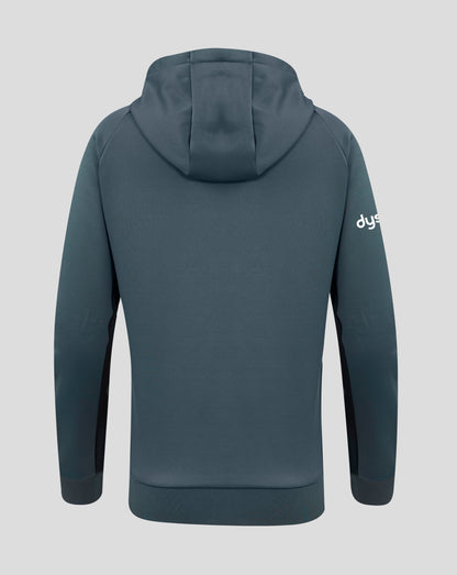 Back view of the dark teal hoodie with hood up and minimal rear details