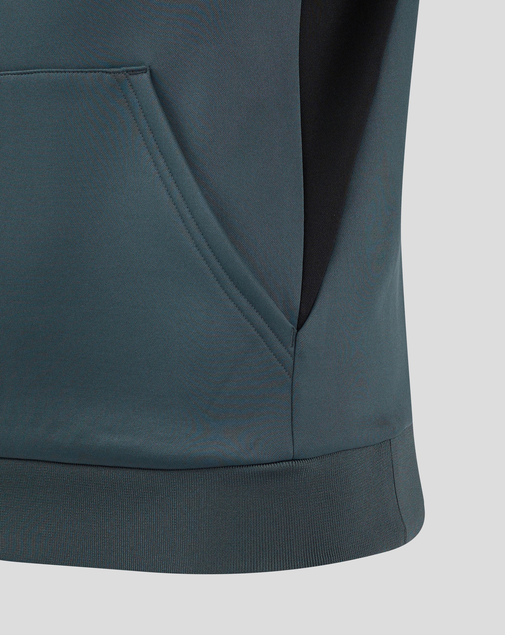 Close up of teal Bath Rugby Women's 24/25 training hoodie showing front pocket detail.