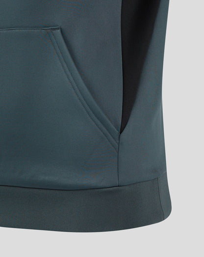 Close up of teal Bath Rugby Women's 24/25 training hoodie showing front pocket detail.