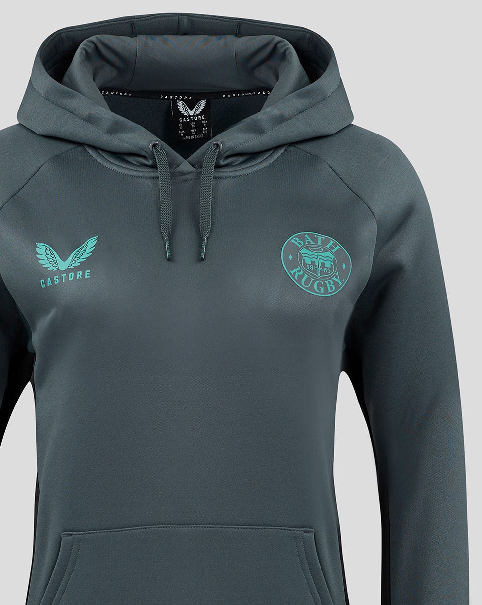 Front close up of the hoodie featuring hood with drawstrings and turquoise Bath Rugby crest on the left chest