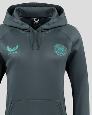 Front close up of the hoodie featuring hood with drawstrings and turquoise Bath Rugby crest on the left chest