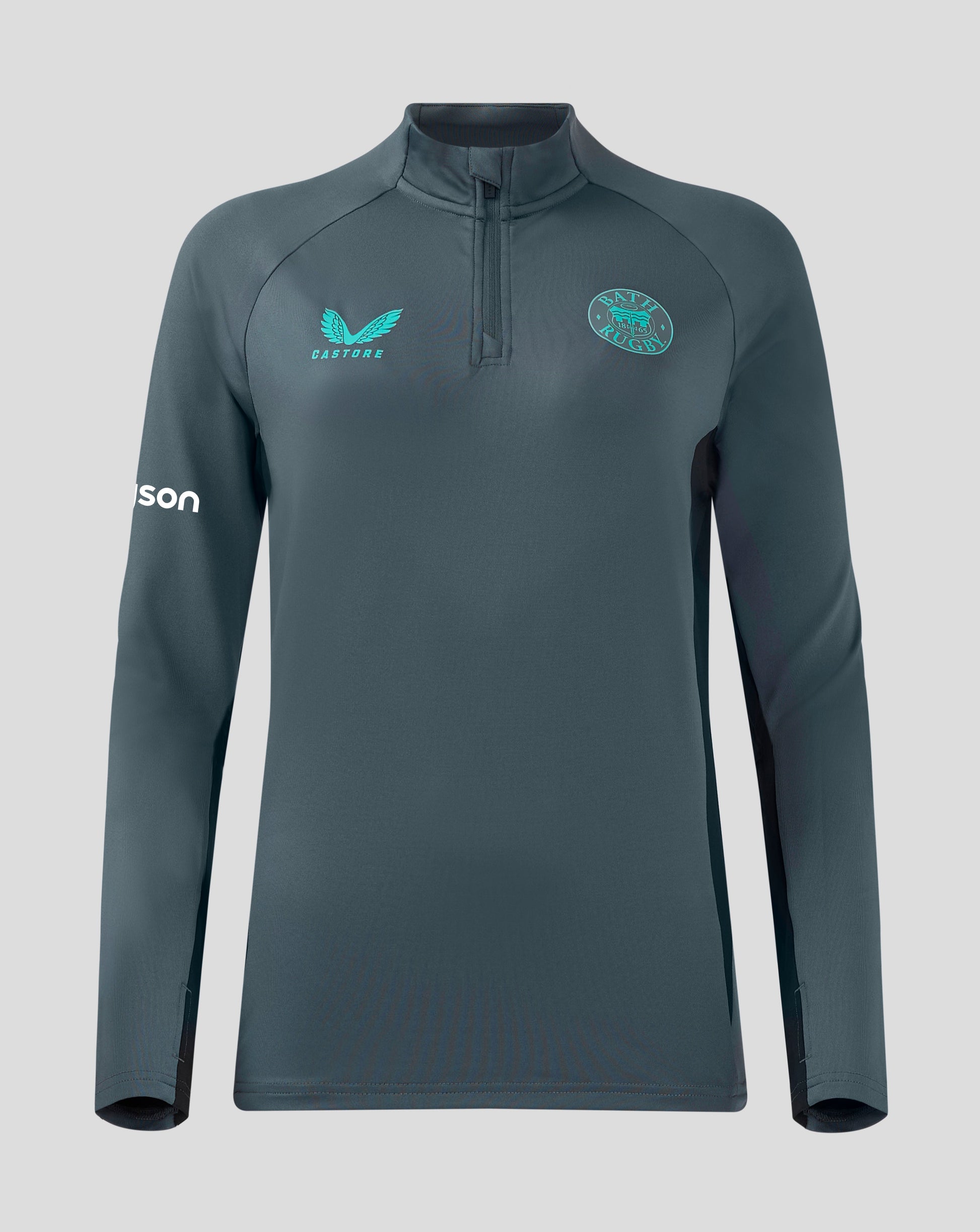 Front view of Bath Rugby quarter zip midlayer top in blue grey with Castore logo on left chest and Bath Rugby crest on right chest