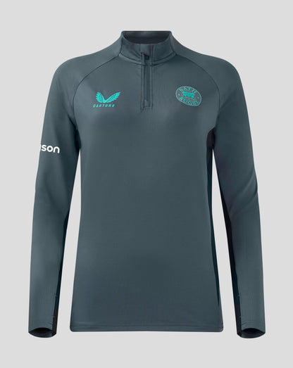 Front view of Bath Rugby quarter zip midlayer top in blue grey with Castore logo on left chest and Bath Rugby crest on right chest