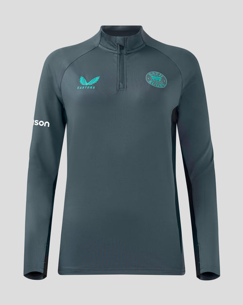 Front view of Bath Rugby quarter zip midlayer top in blue grey with Castore logo on left chest and Bath Rugby crest on right chest