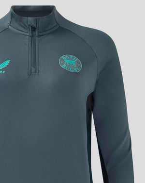 Front view of Bath Rugby Women's Pro Players Quarter Zip Midlayer with teal crest on left chest and Castore branding on right chest