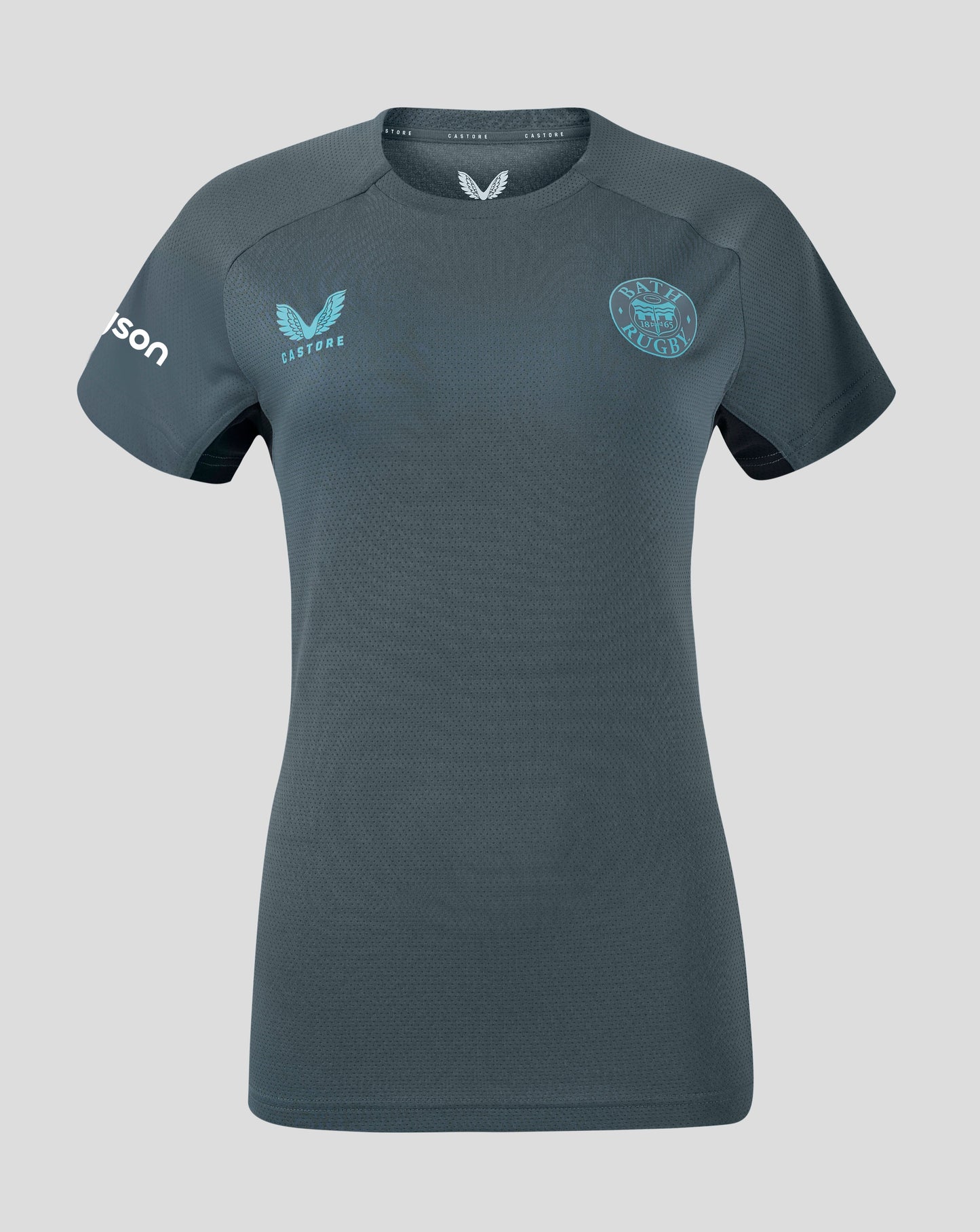 Front view of Bath Rugby Women's Pro Players Training T Shirt with left chest crest and right chest Castore branding.