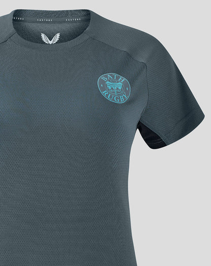 Front view of Bath Rugby training T Shirt with teal circular crest on left chest.