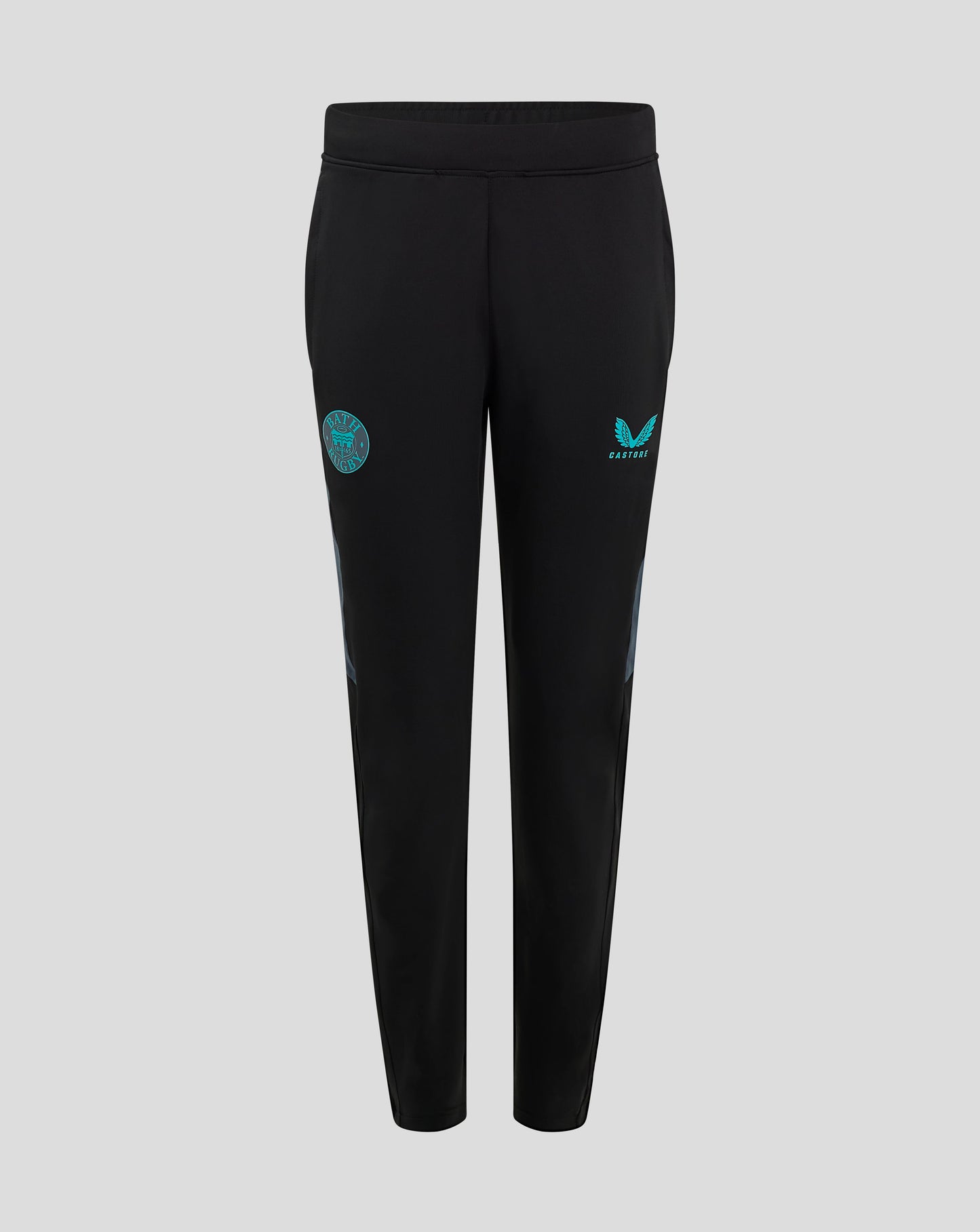 Front view of Bath Rugby training pants with flat elastic waistband and teal side panels