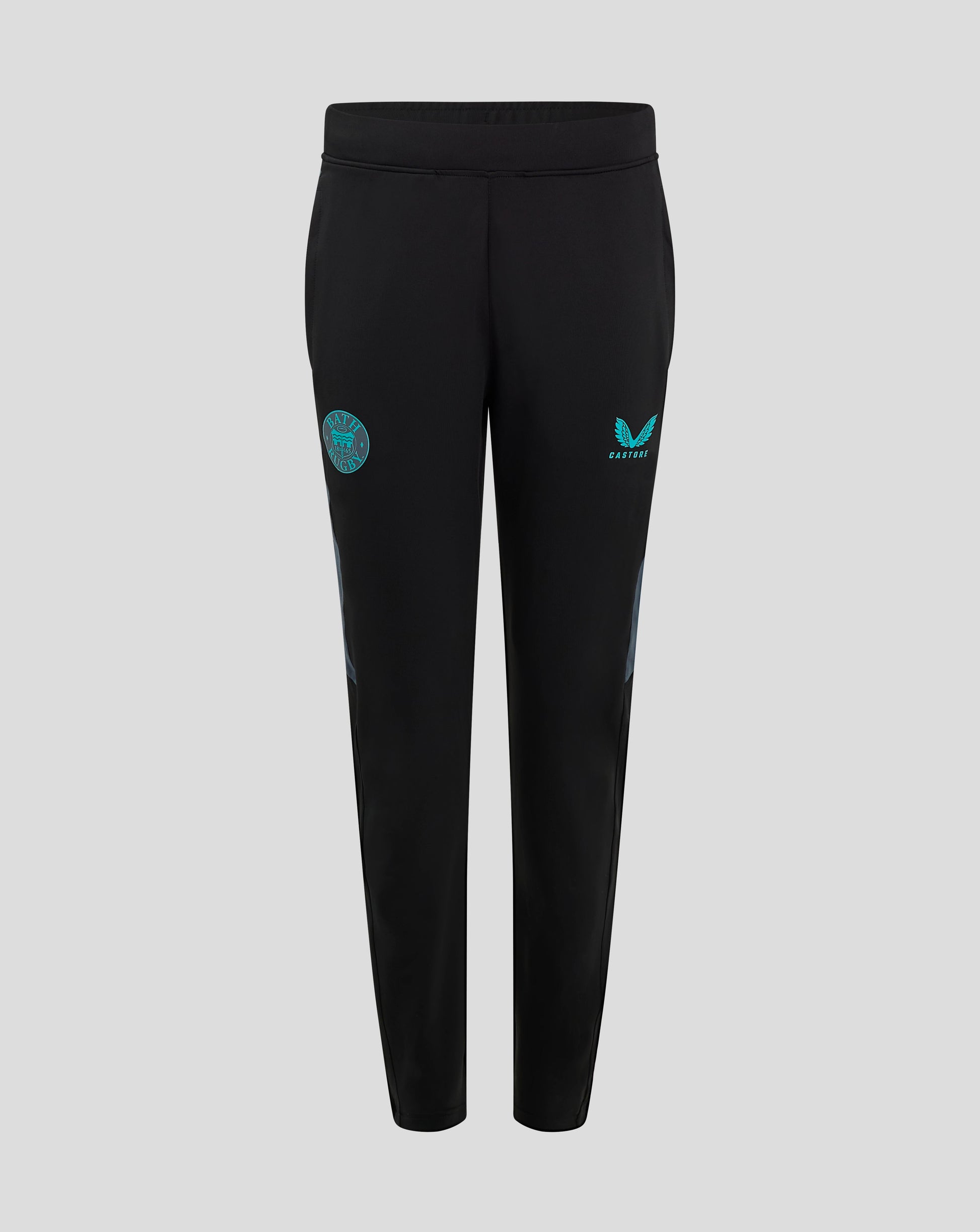 Front view of Bath Rugby training pants with flat elastic waistband and teal side panels