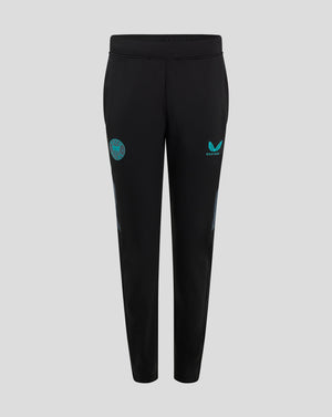 Front view of Bath Rugby training pants with flat elastic waistband and teal side panels