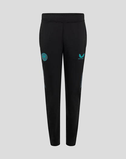 Front view of Bath Rugby training pants with flat elastic waistband and teal side panels