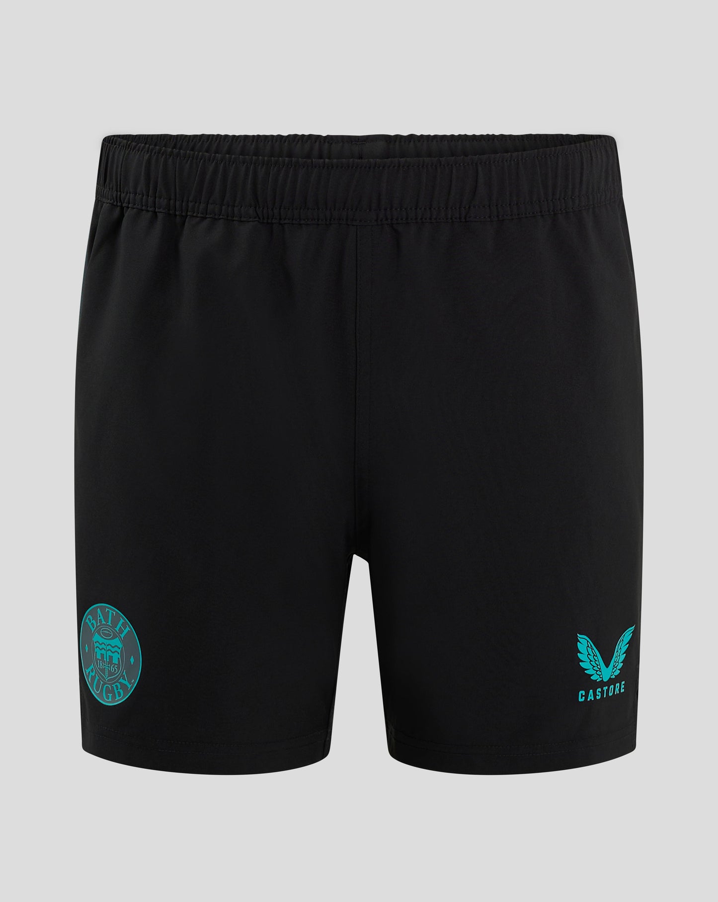 Front view of Bath Rugby Men's Pro Players Training Shorts with silicone gripper waistband and side vent; crest on right hem and Castore branding on left.