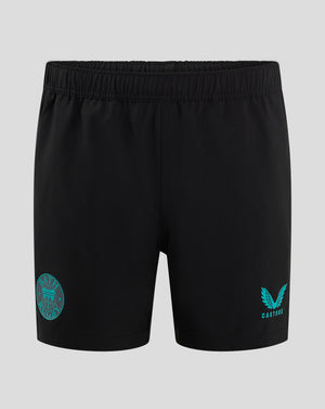 Front view of Bath Rugby Men's Pro Players Training Shorts with silicone gripper waistband and side vent; crest on right hem and Castore branding on left.