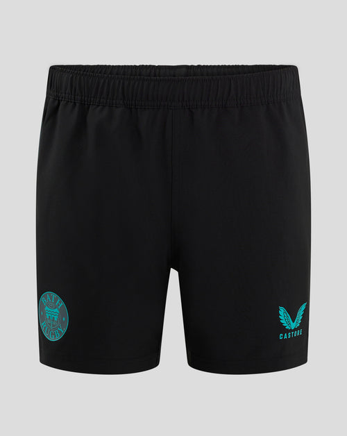 Front view of Bath Rugby Men's Pro Players Training Shorts with silicone gripper waistband and side vent; crest on right hem and Castore branding on left.