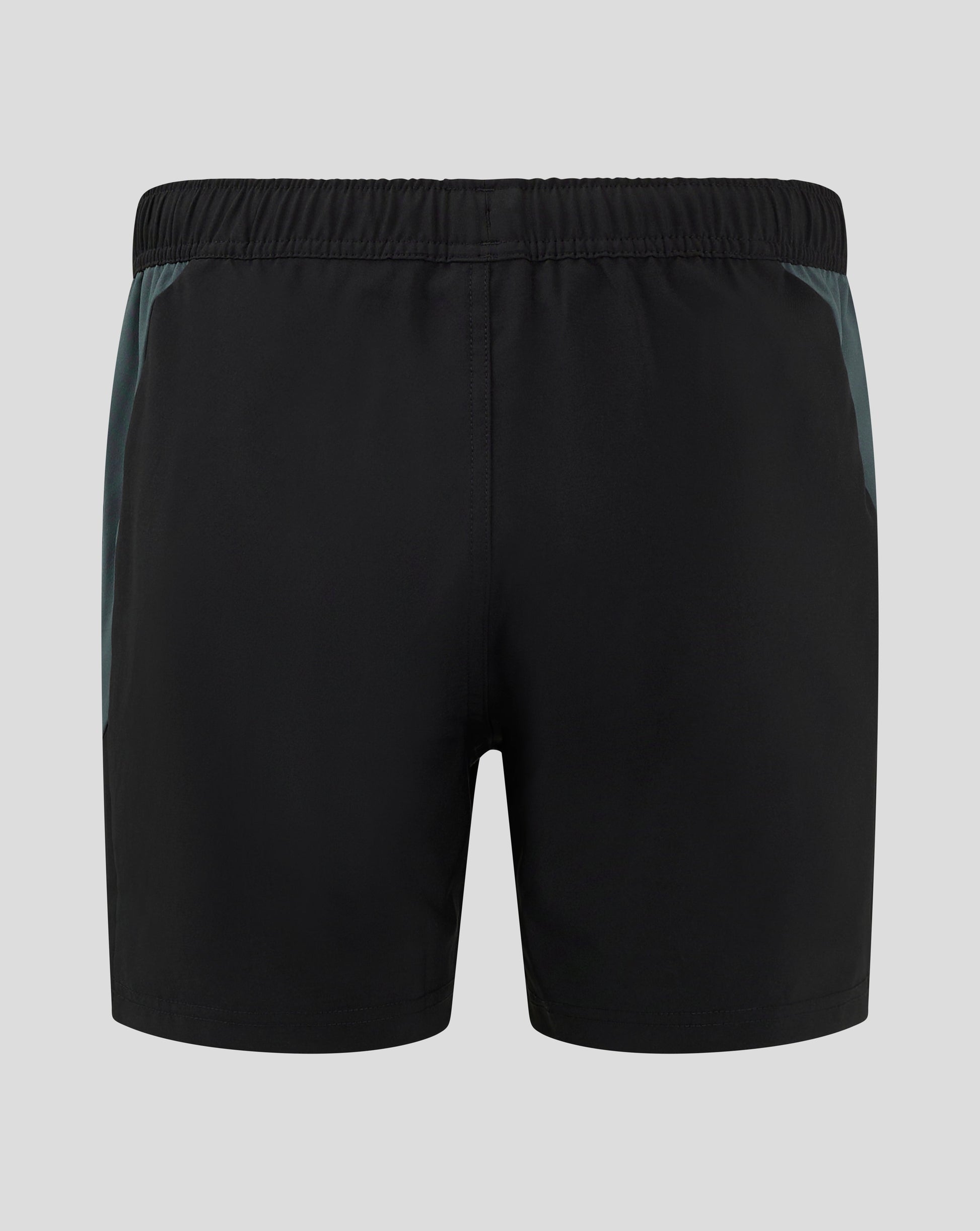 Back view of Bath Rugby training shorts showing a silicone grip waistband and teal side panels