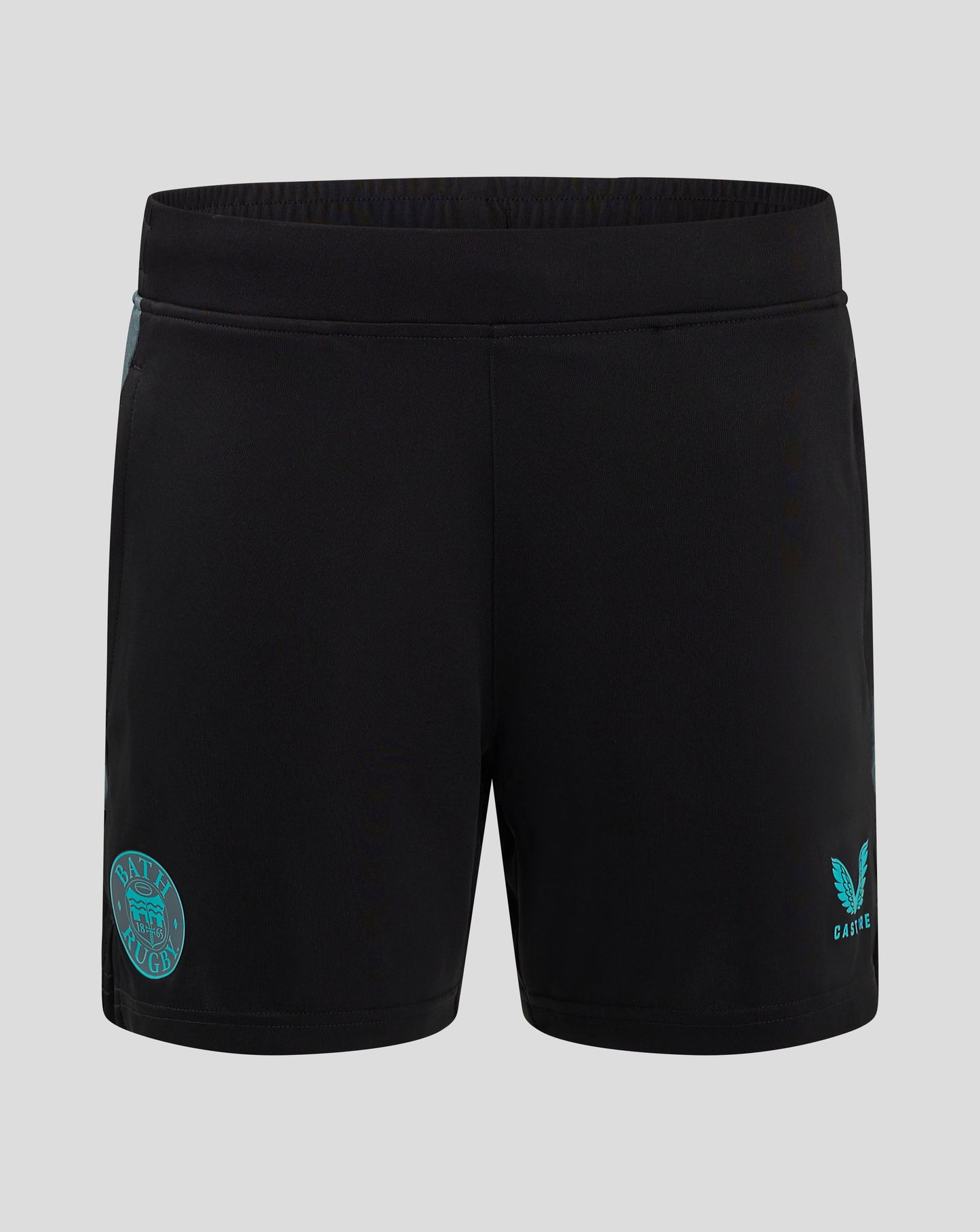 Front view of Bath Rugby Pro Players Gym Training Shorts in black with teal Bath Rugby crest on left thigh.