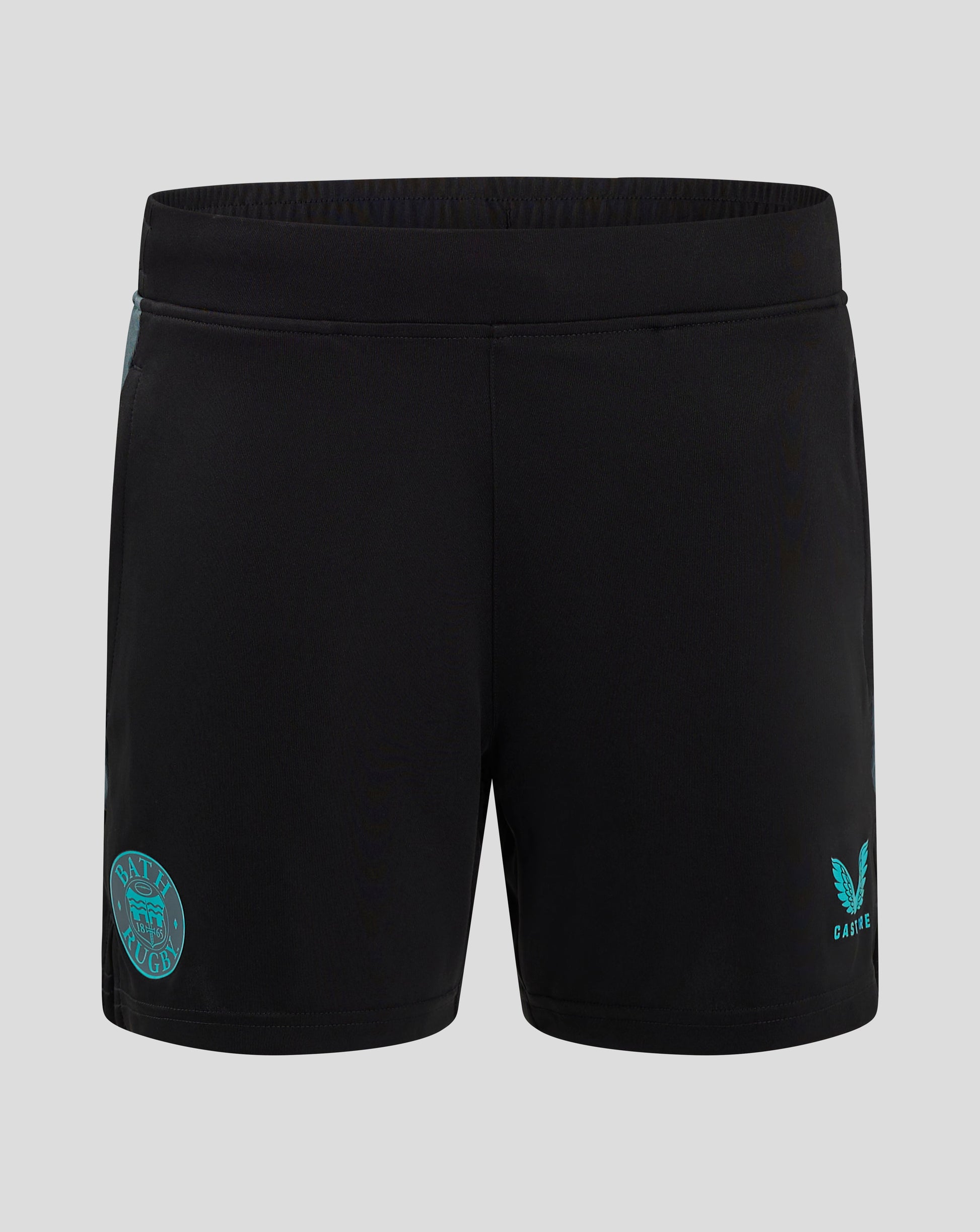 Front view of Bath Rugby Pro Players Gym Training Shorts in black with teal Bath Rugby crest on left thigh.