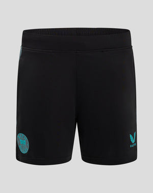 Front view of Bath Rugby Pro Players Gym Training Shorts in black with teal Bath Rugby crest on left thigh.