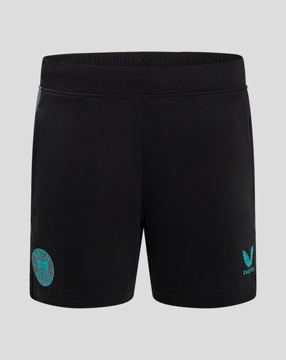 Front view of Bath Rugby Pro Players Gym Training Shorts in black with teal Bath Rugby crest on left thigh.