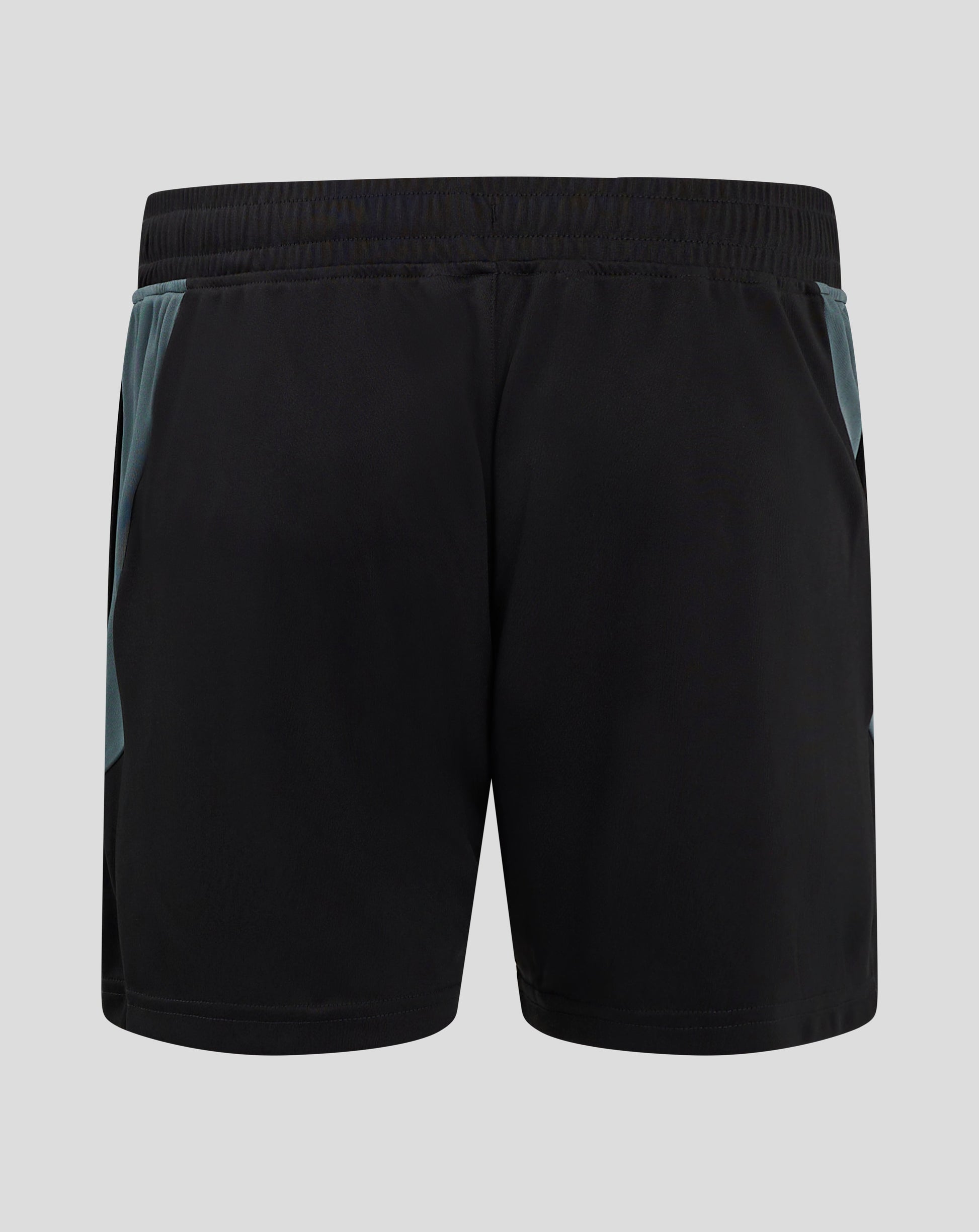 Back view of Bath Rugby Women's Pro Players Gym Shorts in black with teal side panels; crest on right thigh and Castore branding on left.