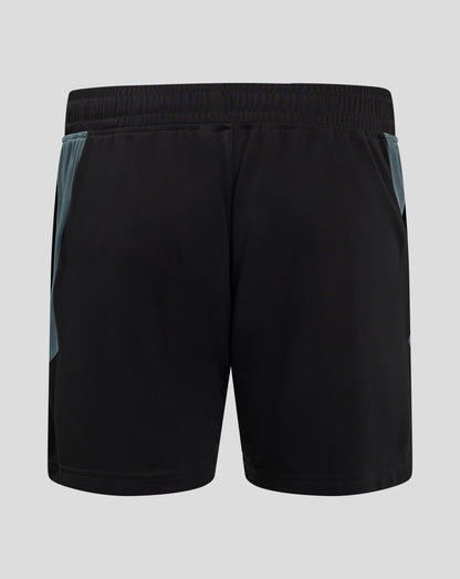 Back view of Bath Rugby Women's Pro Players Gym Shorts in black with teal side panels; crest on right thigh and Castore branding on left.