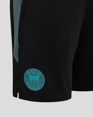 Front view of Bath Rugby Pro Players Gym Training Shorts showing teal crest on left leg and Castore branding on right leg.