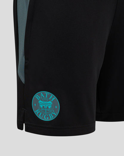 Front view of Bath Rugby Pro Players Gym Training Shorts showing teal crest on left leg and Castore branding on right leg.