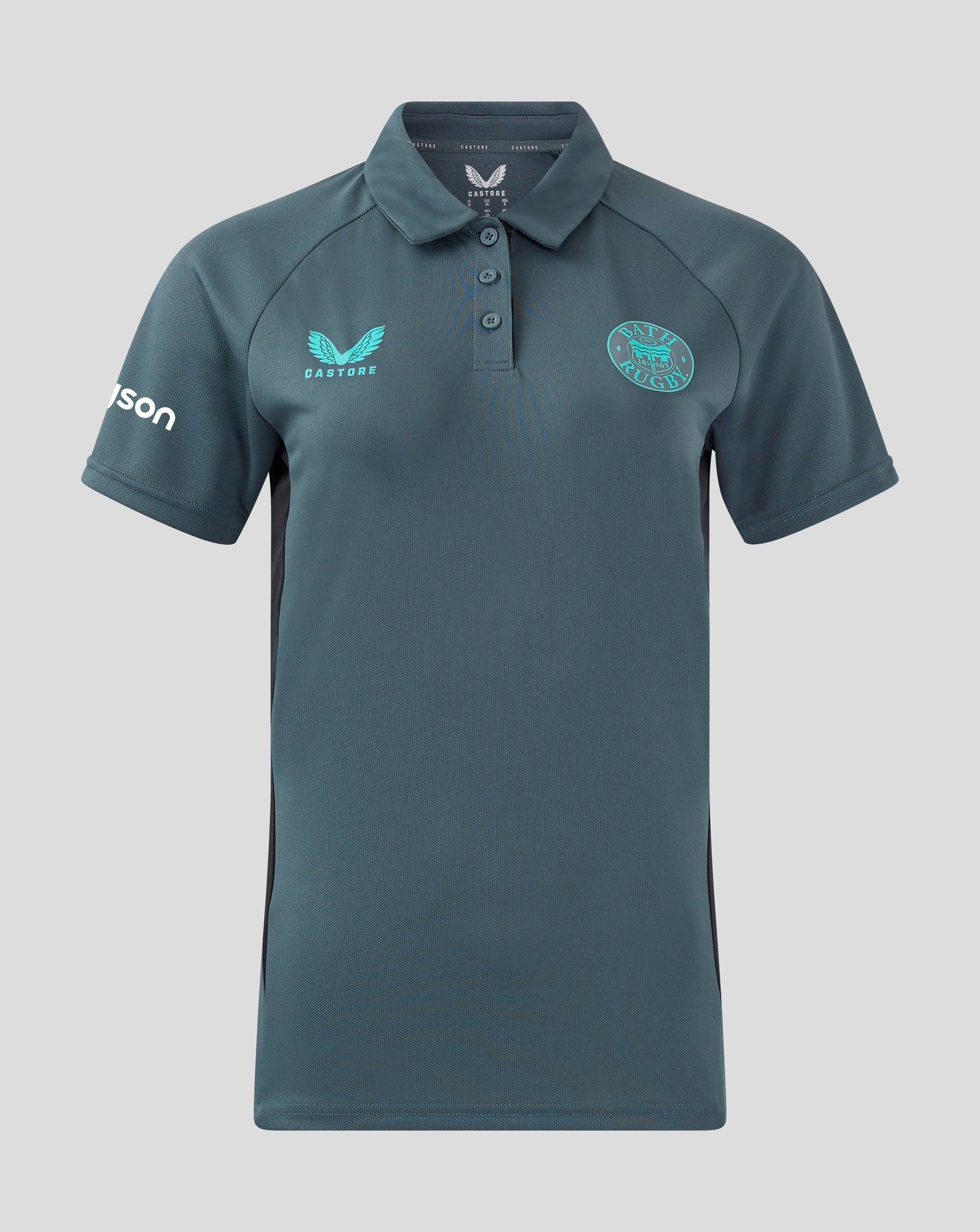 Front view of Bath Rugby women's Rise Pro polo in teal, with Castore wing logo on the left chest and Bath Rugby crest on the right chest.