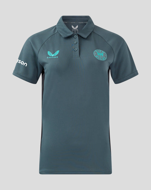 Front view of Bath Rugby women's Rise Pro polo in teal, with Castore wing logo on the left chest and Bath Rugby crest on the right chest.
