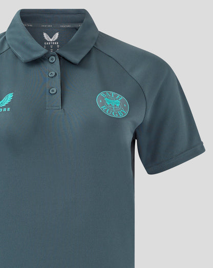 Back view of teal Bath Rugby polo with structured collar and shoulder seams.
