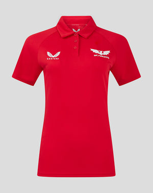 Red Scarlets polo shirt front view with white Scarlets crest on left chest and Castore logo on right chest