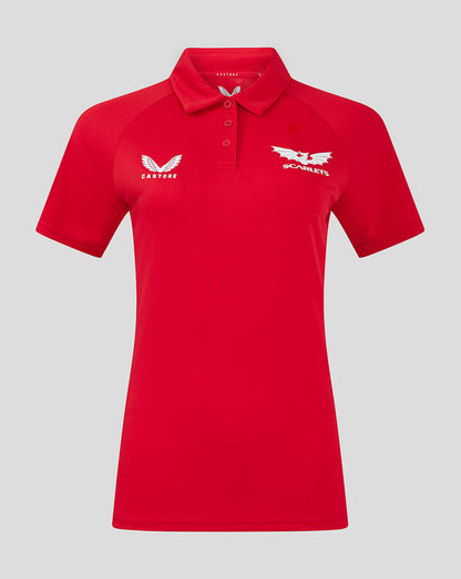 Red Scarlets polo shirt front view with white Scarlets crest on left chest and Castore logo on right chest