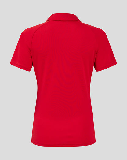 Back view of red Scarlets women's Pro Players polo with collar and raglan sleeves