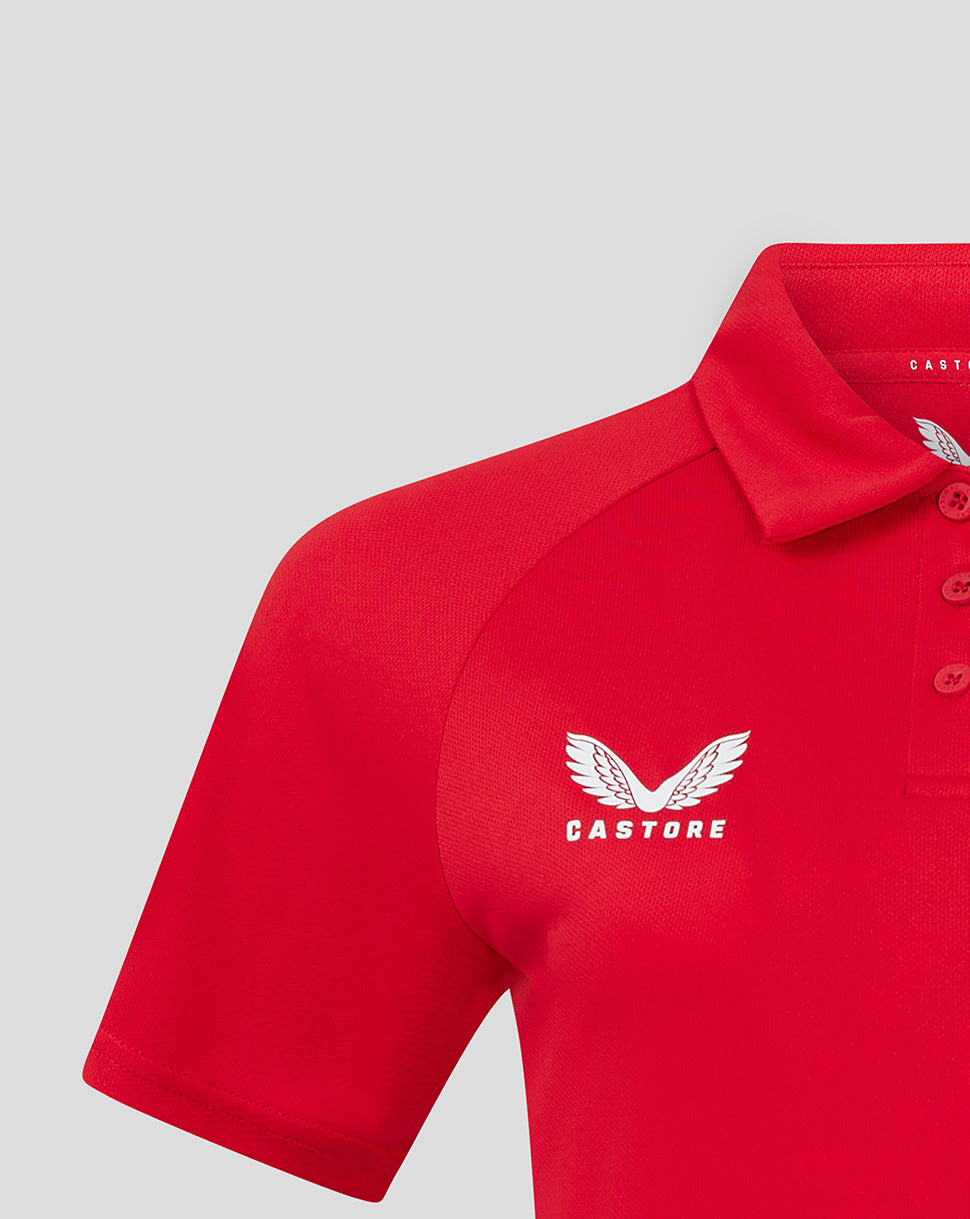 Detail shot of red Scarlets polo sleeve and shoulder with white Scarlets branding on the chest