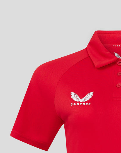 Detail shot of red Scarlets polo sleeve and shoulder with white Scarlets branding on the chest