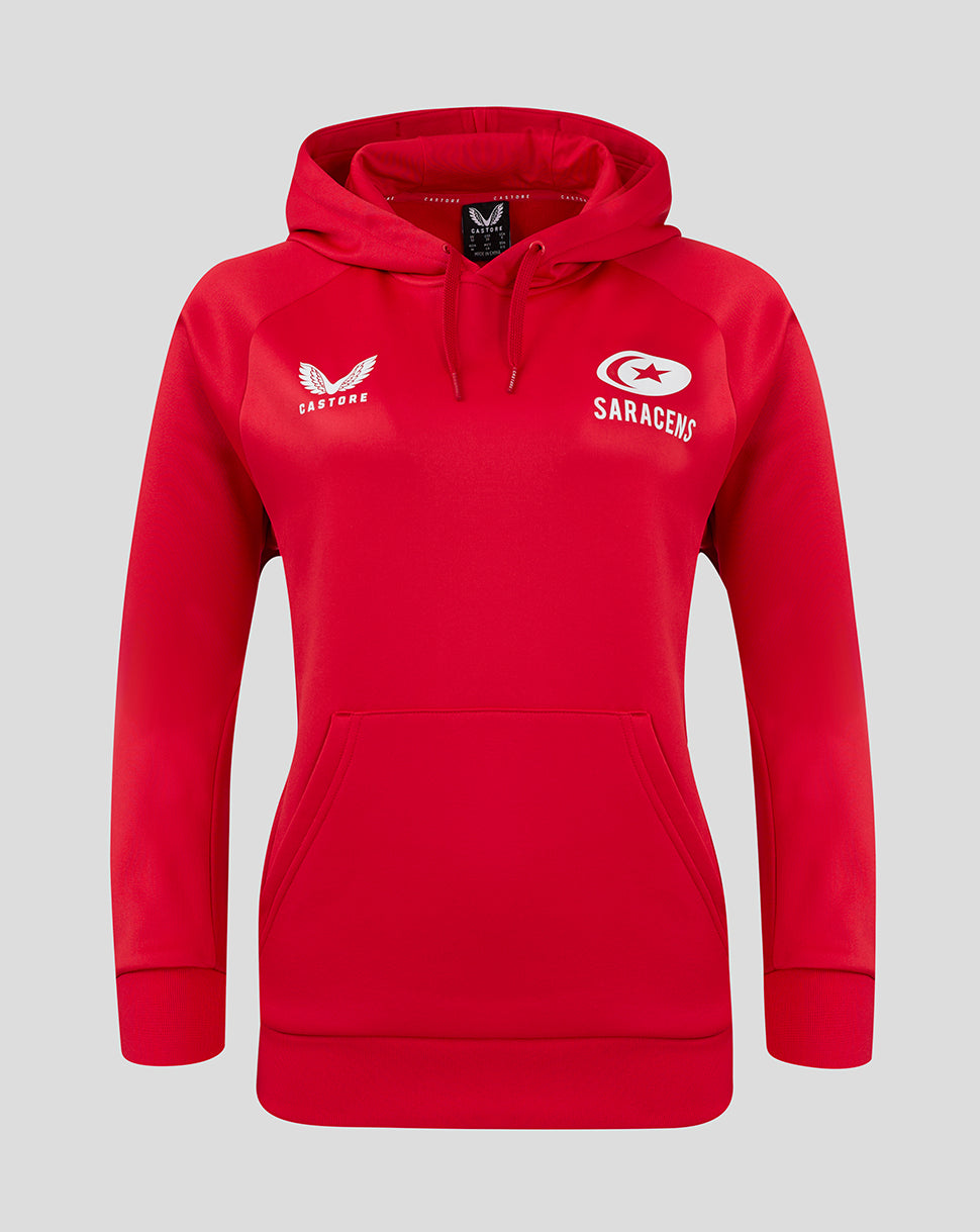 Front view of red Saracens 24/25 Overhead Training Hoody with white Castore wing logo on the left chest and Saracens badge on the right.