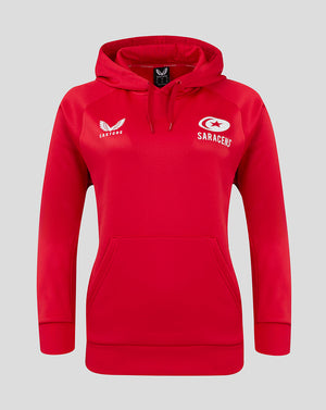 Front view of red Saracens 24/25 Overhead Training Hoody with white Castore wing logo on the left chest and Saracens badge on the right.