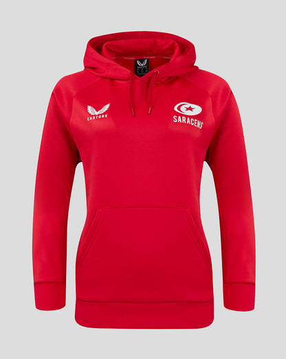 Front view of red Saracens 24/25 Overhead Training Hoody with white Castore wing logo on the left chest and Saracens badge on the right.