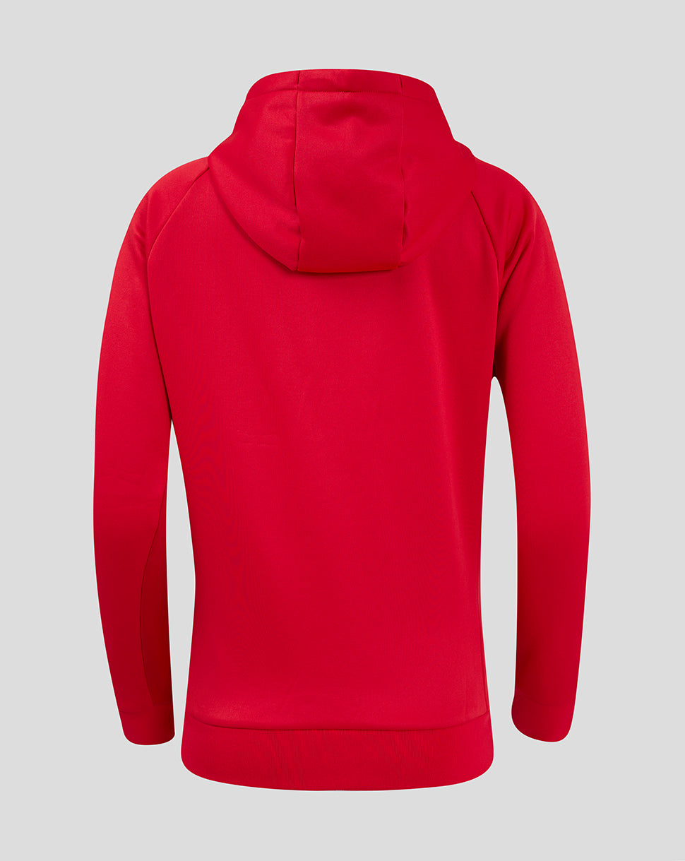 Back view of red Saracens women's overhead training hoodie with hood and ribbed hem.