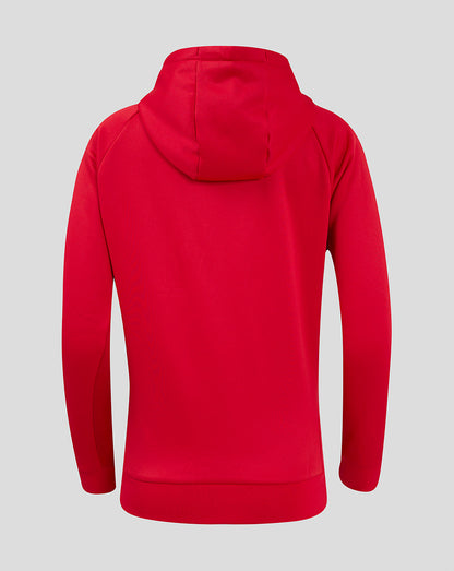 Back view of red Saracens women's overhead training hoodie with hood and ribbed hem.