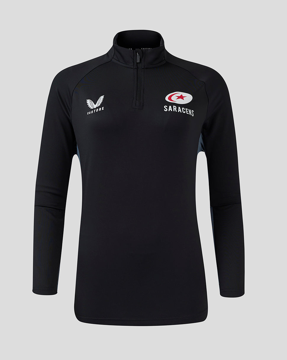 Front view of black Saracens training top with quarter zip and chest logos