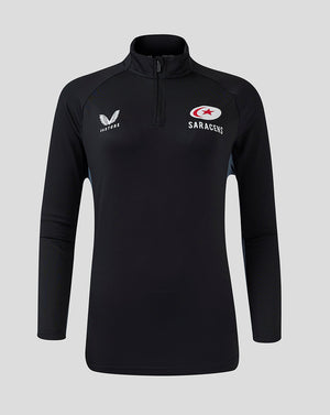 Front view of black Saracens training top with quarter zip and chest logos