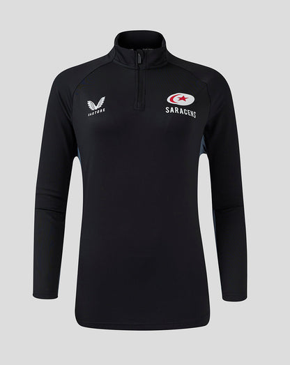 Front view of black Saracens training top with quarter zip and chest logos
