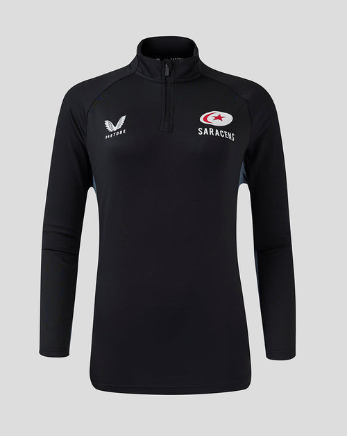 Front view of black Saracens training top with quarter zip and chest logos
