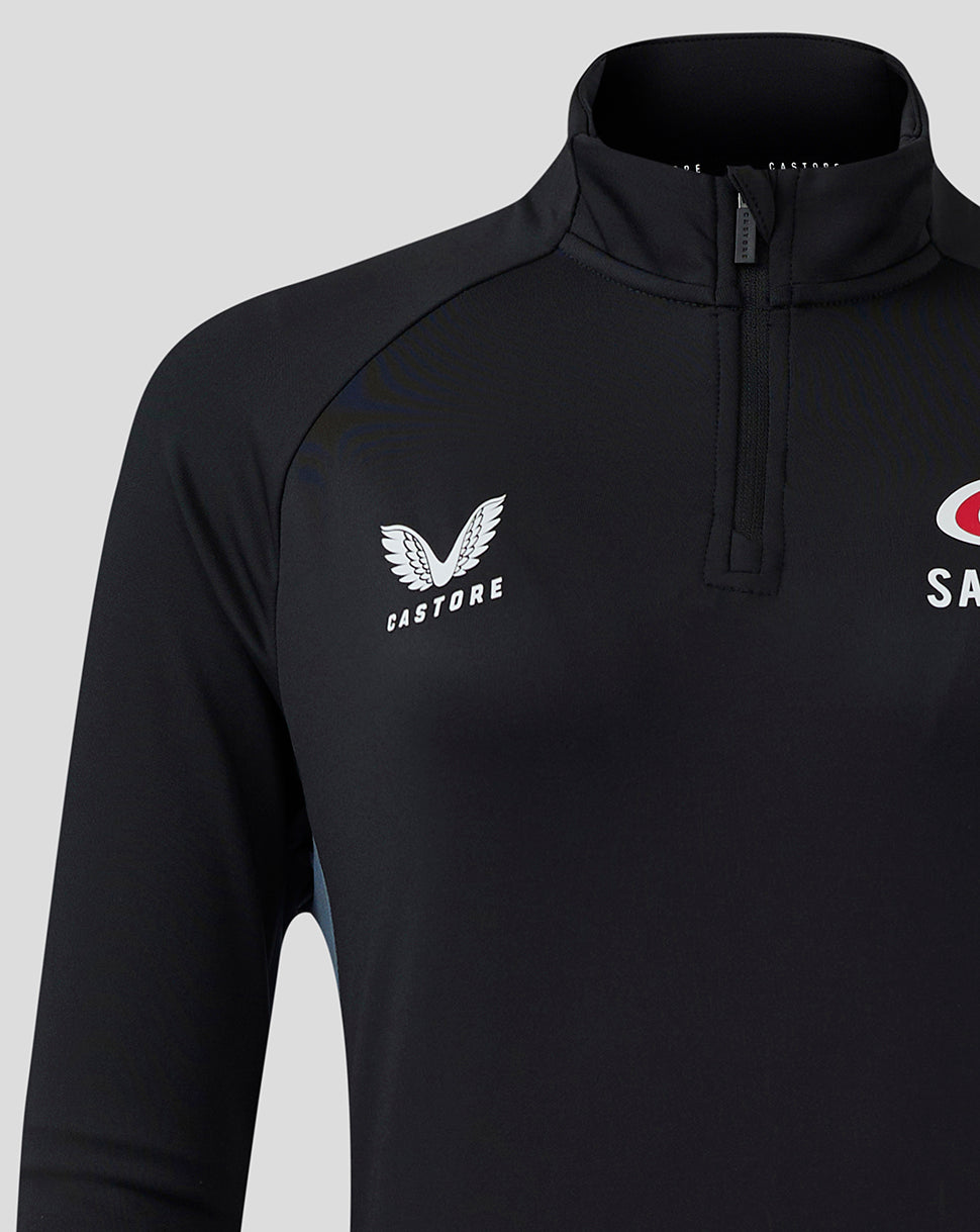 Black Saracens women's training 1/4 zip top with Castore branding and team crest on the chest.